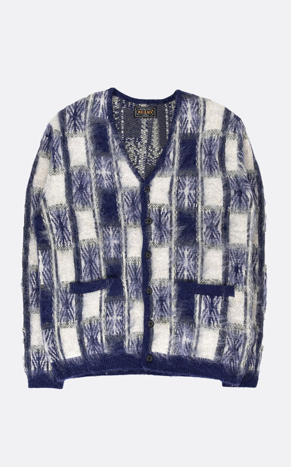 CARDIGAN DOUBLE JACQUARD CHECK PATTERN MOHAIR NAVY