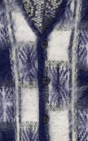 CARDIGAN DOUBLE JACQUARD CHECK PATTERN MOHAIR NAVY