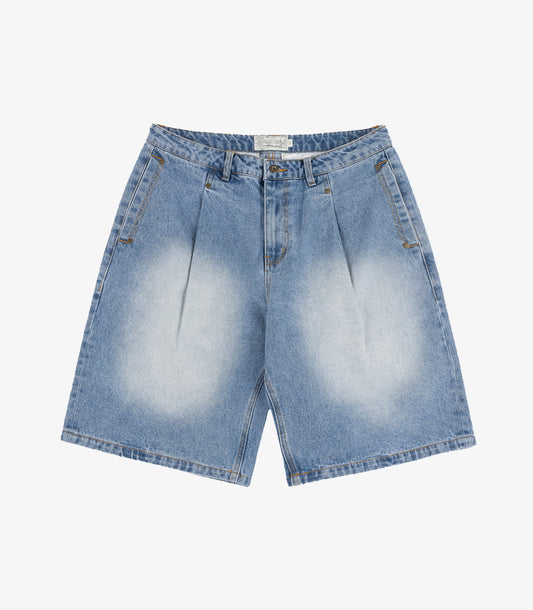 PLEATED DENIM SHORT BLUE WASHED