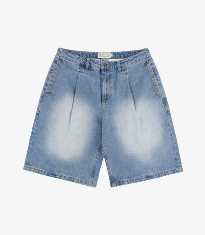 PLEATED DENIM SHORT BLUE WASHED
