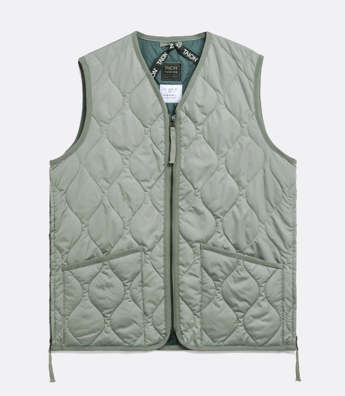 Military zip V neck down vest dark sage green