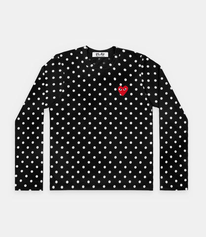 PLAY CDG T-SHIRT LONG SLEEVE POLKA DOT BLACK/RED HEART EMBLEM